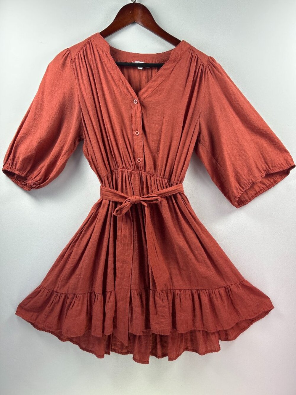 L Love Salmon Rustic Pink Quarter-length Sleeve A-line Tie Dress Size M